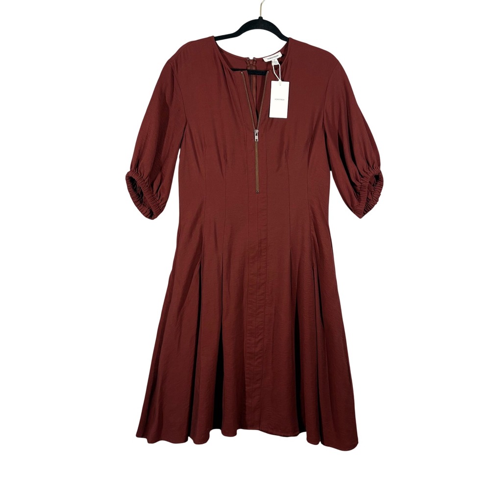 NEW Nordstrom Puff Sleeve Half Zip Fit & Flare Midi‎ Dress Size M Burgundy Red